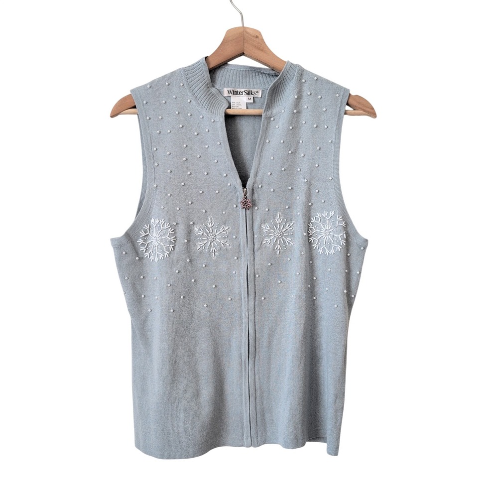 Winter Silks Sleeveless Holiday Sweater Vest‎ Snowflake Pearl Embellished Blue M